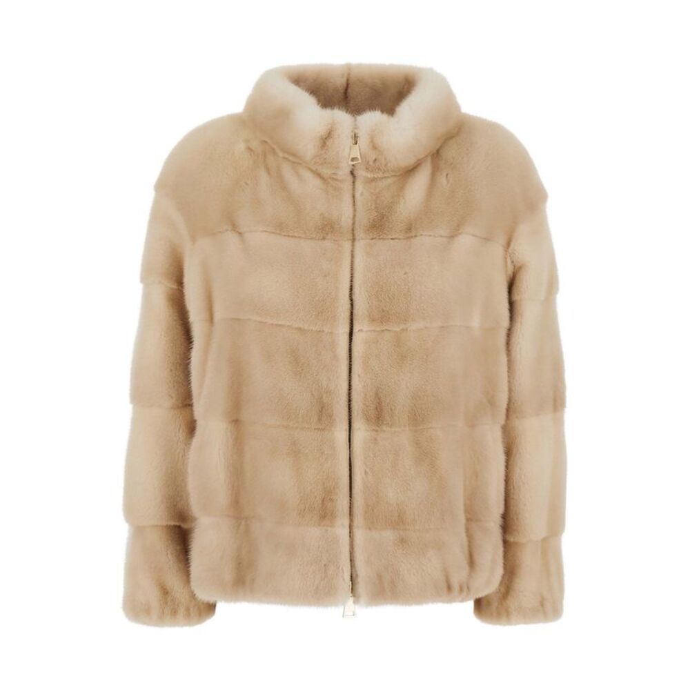 Suprema Women Beige Fur Jacket With High Collar And Zip Closure In Fur For Women